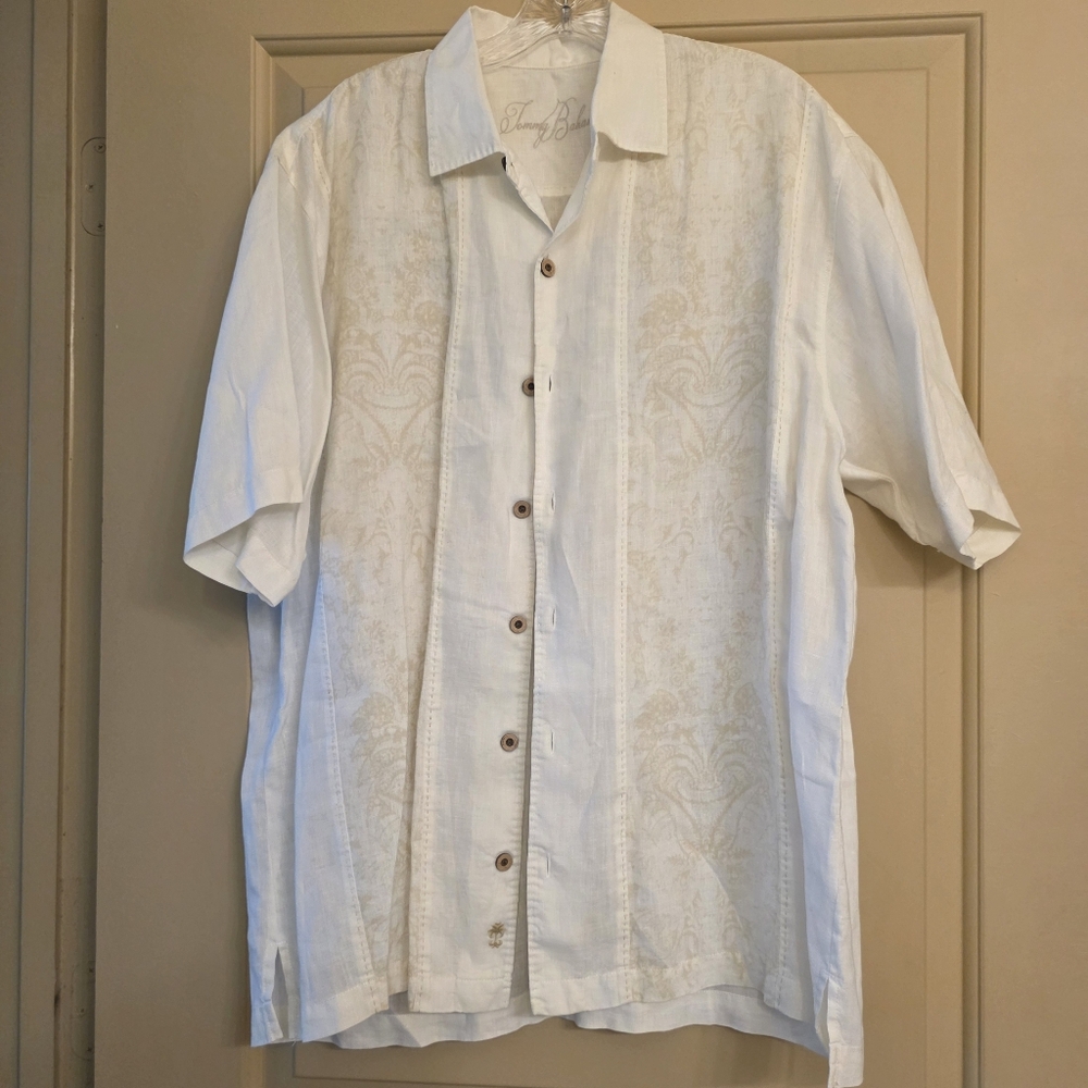 100% Linen Tommy Bahama Fiji Tides Camp White Shirt Sz Large Tropical Hawaiian